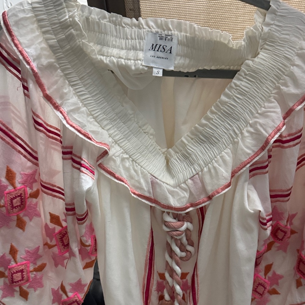 Misa Los Angeles White Strapless Dress with Pink and Coral Embroidery